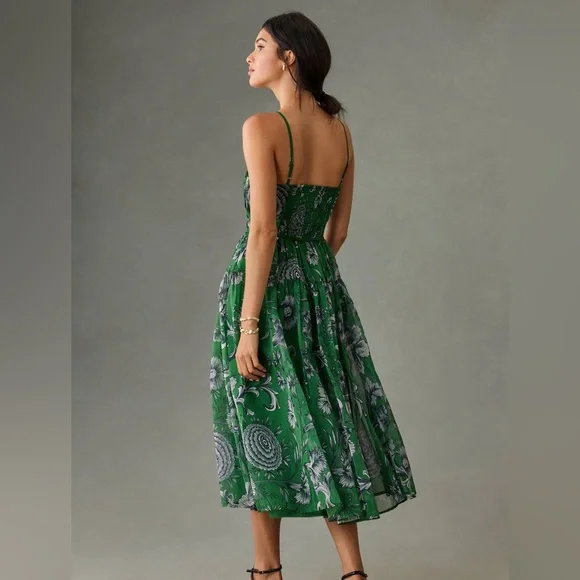 Large Anthropologie Penny Green Floral V-neck Midi Dress - Picture 2 of 10